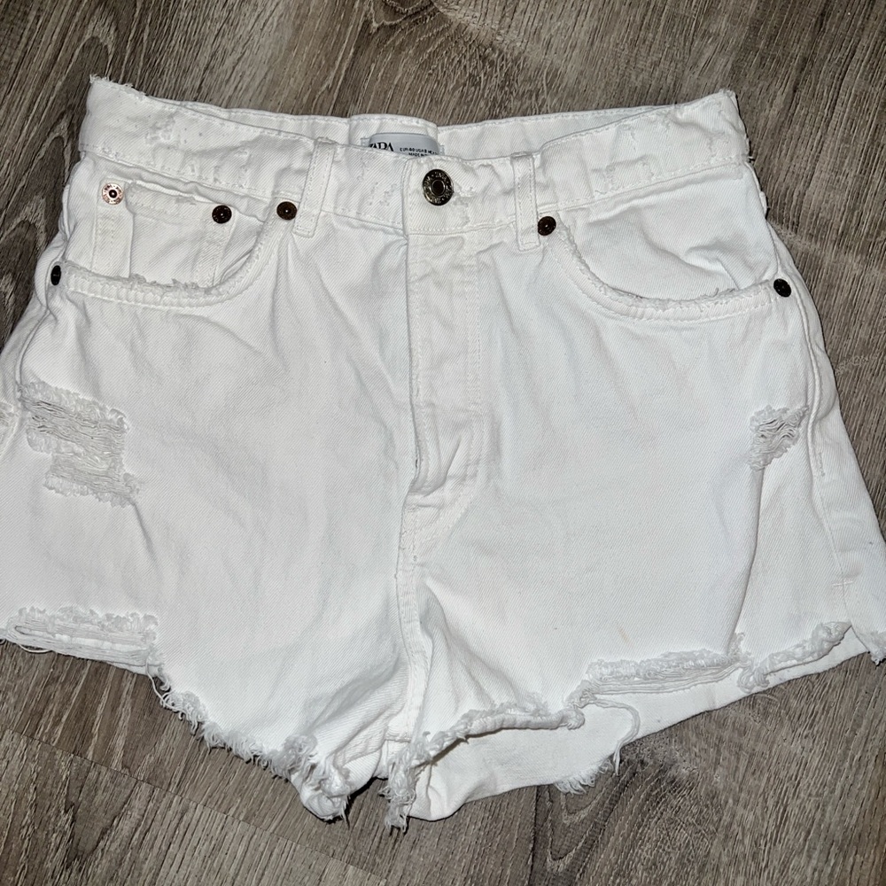 Zara White Ripped Jean Shorts